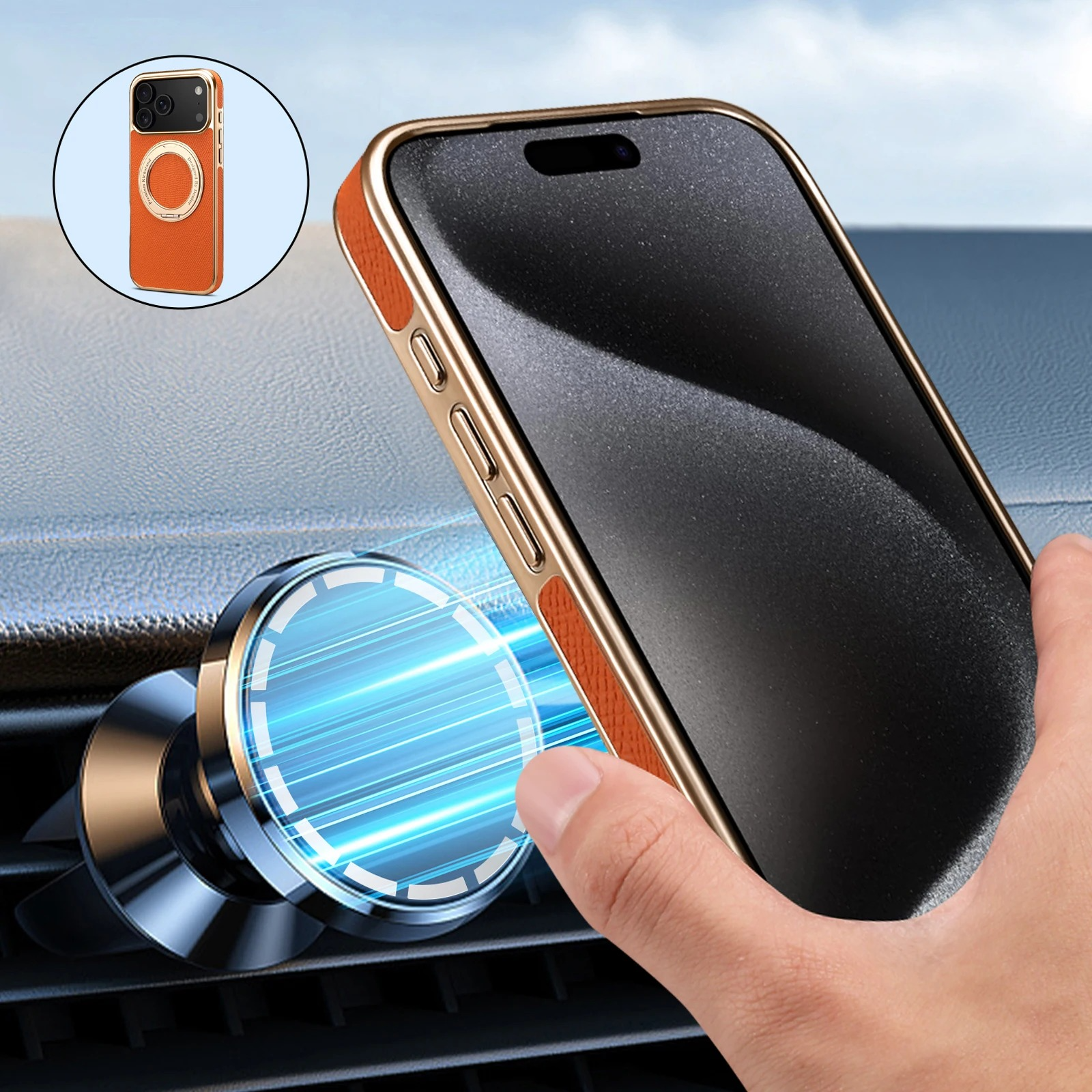High-End Magnetic iPhone Case — Genuine Cowhide Leather Full Coverage with Invisible Ring Bracket, Shockproof Anti-Fingerprint Slim Design