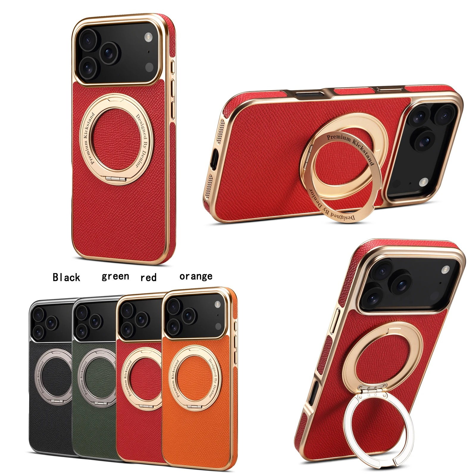 High-End Magnetic iPhone Case — Genuine Cowhide Leather Full Coverage with Invisible Ring Bracket, Shockproof Anti-Fingerprint Slim Design