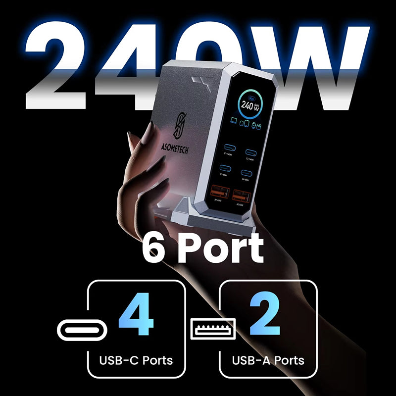High-Quality 240W GaN Desktop Charger with PD 3.1 & PPS, 140W USB-C Fast Output, 6-Port Multi-Device Charging Station with Display