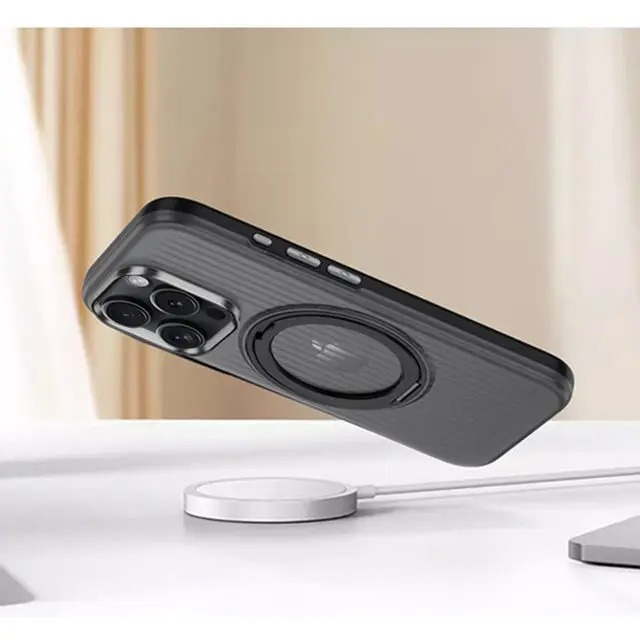 Luxury MagSafe Shockproof iPhone Case — Matte Anti-Fingerprint Plastic Cover with Corrugated Grip Stripes, 360° Rotating Metal Ring Holder, Wireless Charging Compatible