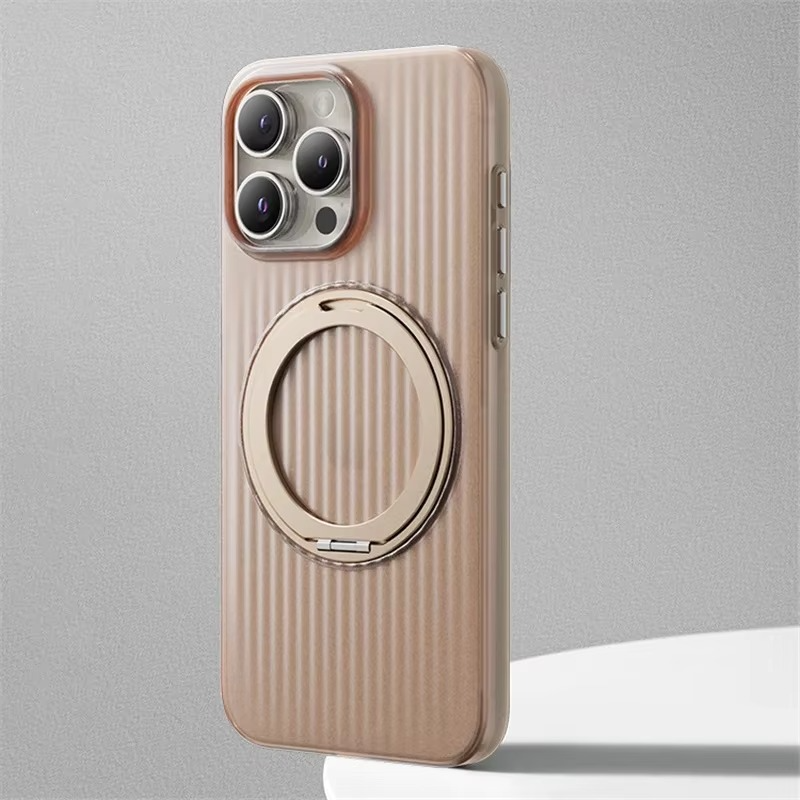 Luxury MagSafe Shockproof iPhone Case — Matte Anti-Fingerprint Plastic Cover with Corrugated Grip Stripes, 360° Rotating Metal Ring Holder, Wireless Charging Compatible