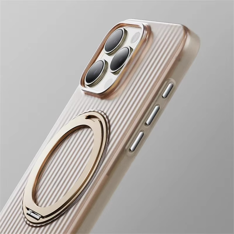 Luxury MagSafe Shockproof iPhone Case — Matte Anti-Fingerprint Plastic Cover with Corrugated Grip Stripes, 360° Rotating Metal Ring Holder, Wireless Charging Compatible