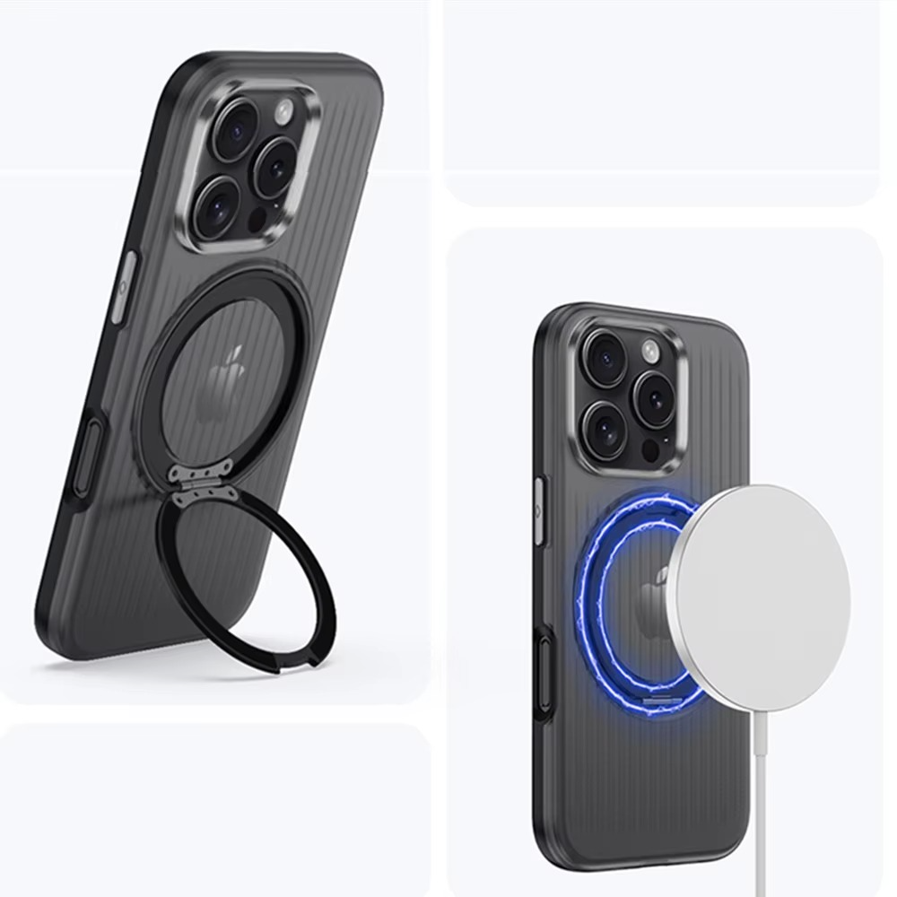 Luxury MagSafe Shockproof iPhone Case — Matte Anti-Fingerprint Plastic Cover with Corrugated Grip Stripes, 360° Rotating Metal Ring Holder, Wireless Charging Compatible