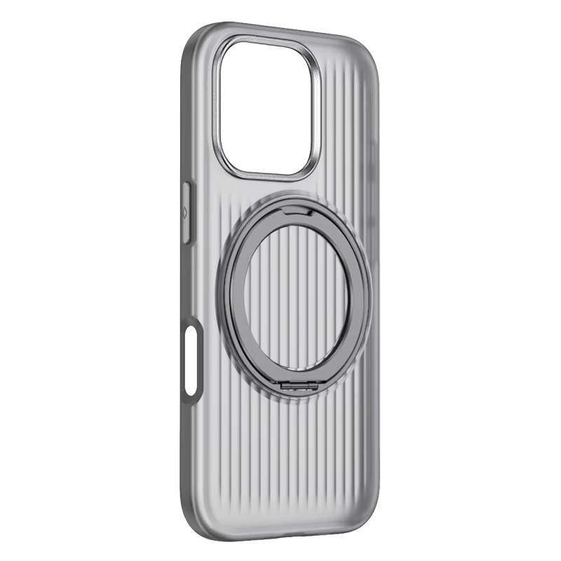 Luxury MagSafe Shockproof iPhone Case — Matte Anti-Fingerprint Plastic Cover with Corrugated Grip Stripes, 360° Rotating Metal Ring Holder, Wireless Charging Compatible