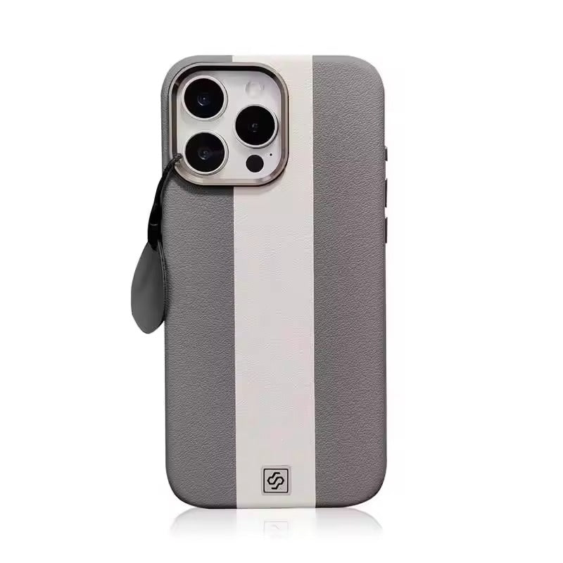 Luxury Magnetic Shockproof iPhone Case — Splicing Leather Design, Wireless Charging Compatible, Matte Anti-Fingerprint Hard Cover with Kickstand & Secure Grip