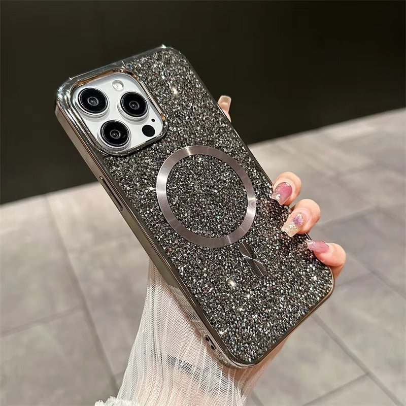 Luxury Magnetic iPhone Case with Glitter Diamond Plating — Shockproof PC Cover, Sparkling Edges, Anti-Scratch, Wireless Charging Compatible