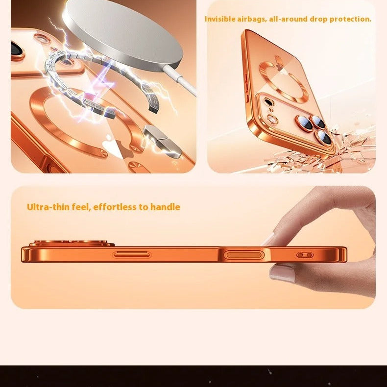 Luxury iPhone Case — MagSafe Transparent TPU Half-Wrapped Soft Plating Cover with Dust Plug, Shockproof, Anti-Fingerprint, Anti-Scratch Matte Finish