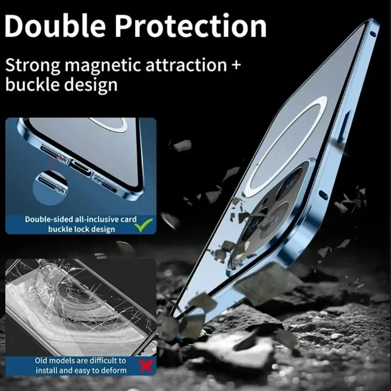 Luxury Metal Magnetic Privacy iPhone Case — 360° Shockproof Full Coverage, Anti-Scratch, Non-Slip, Lightweight Tempered Glass Cover