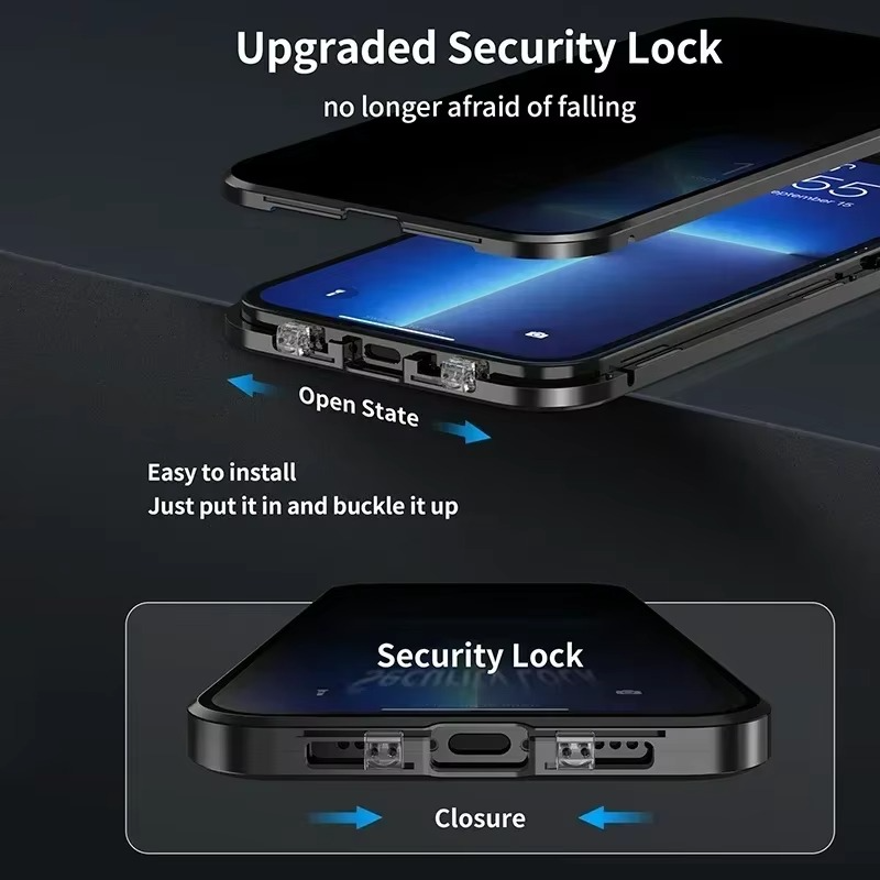 Luxury Metal Magnetic Privacy iPhone Case — 360° Shockproof Full Coverage, Anti-Scratch, Non-Slip, Lightweight Tempered Glass Cover