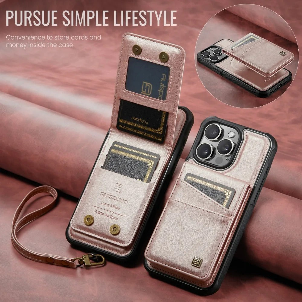 Luxury iPhone 2-in-1 Magnetic Wallet Case — Detachable Leather Cover with Card Holder, Wrist Strap, Shockproof Drop Protection, Full Access Design