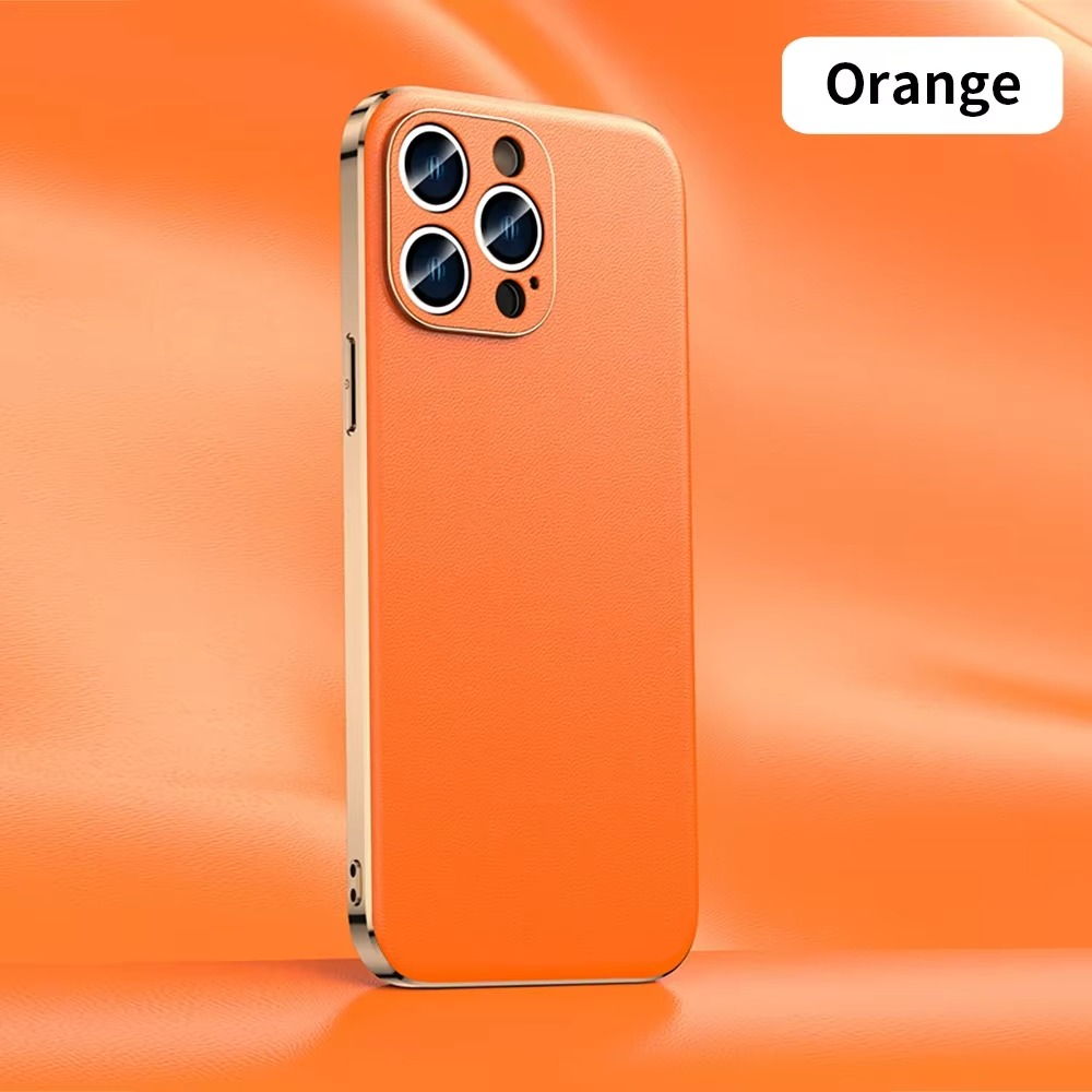 Luxury iPhone Case Genuine Cowhide Leather Back Cover — Full Camera Lens Protection, Plated Edges, Anti-Fingerprint Matte Finish, Wireless Charging Compatible