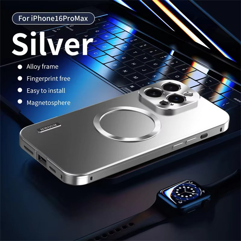 Luxury iPhone Case — All-Aluminum Magnetic Frame with Frosted PC Backplate, Ultra-Thin Shock-Absorbing Protective Design
