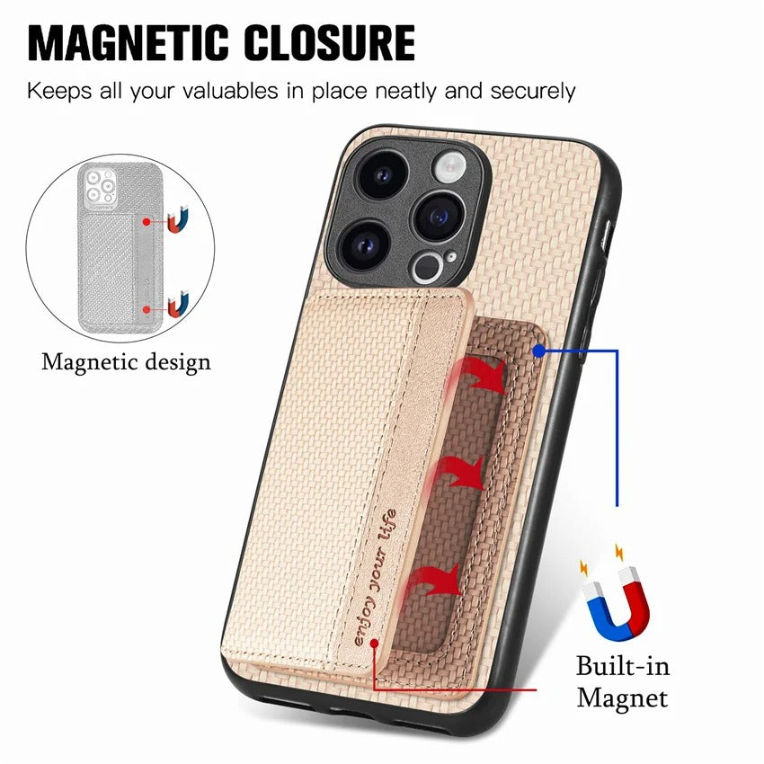 Luxury iPhone Case — Carbon Fiber Magnetic Wallet Cover with Card Holder, Kickstand Function and Anti-Scratch Dustproof Protection