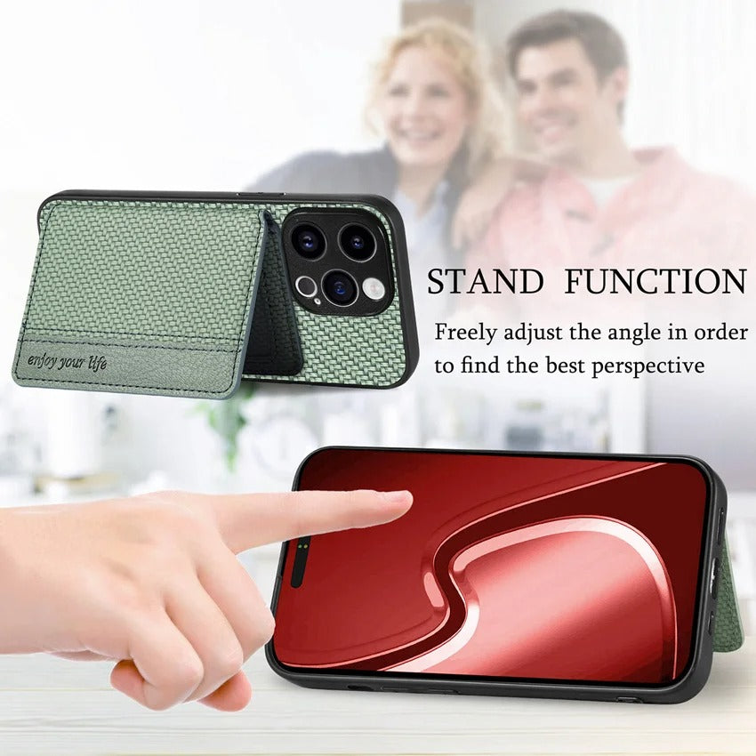 Luxury iPhone Case — Carbon Fiber Magnetic Wallet Cover with Card Holder, Kickstand Function and Anti-Scratch Dustproof Protection