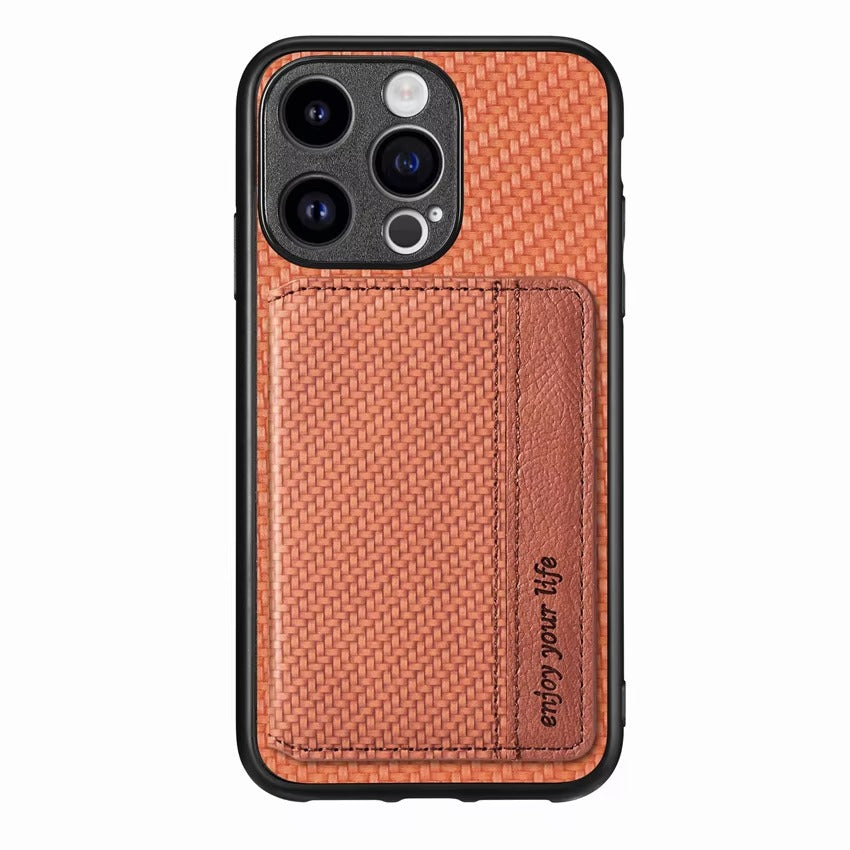 Luxury iPhone Case — Carbon Fiber Magnetic Wallet Cover with Card Holder, Kickstand Function and Anti-Scratch Dustproof Protection