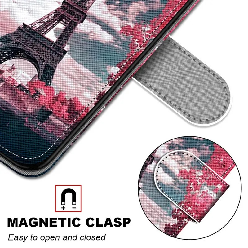 Luxury iPhone Case — Cartoon & Floral Flip Wallet Book Stand, Shockproof Leather Cover with Lanyard
