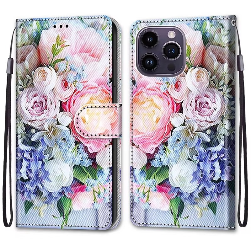 Luxury iPhone Case — Cartoon & Floral Flip Wallet Book Stand, Shockproof Leather Cover with Lanyard