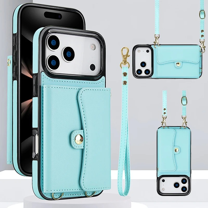 Luxury iPhone Case — Crossbody Leather Wallet Cover with Wrist & Shoulder Strap, Card & Coin Storage, Non-Slip Shockproof Design