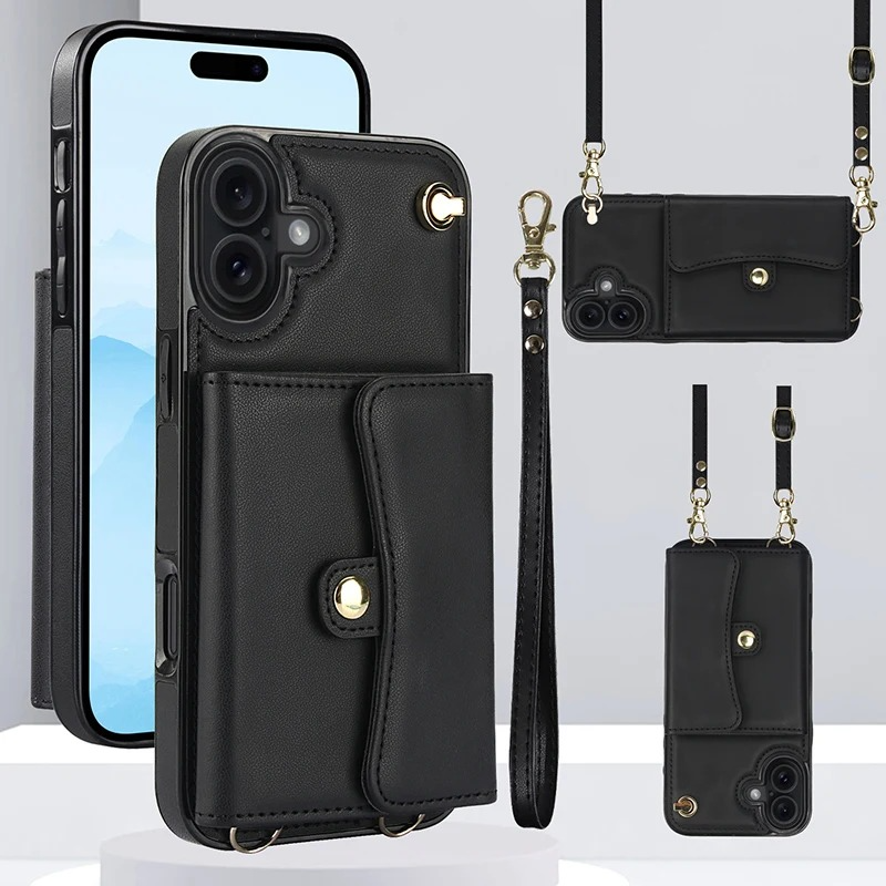 Luxury iPhone Case — Crossbody Leather Wallet Cover with Wrist & Shoulder Strap, Card & Coin Storage, Non-Slip Shockproof Design