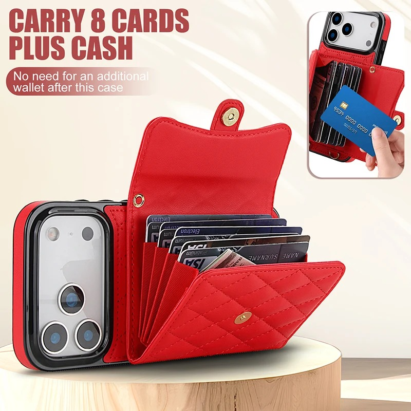 Luxury iPhone Case — Crossbody Leather Wallet Cover with Wrist & Shoulder Strap, Card & Coin Storage, Non-Slip Shockproof Design
