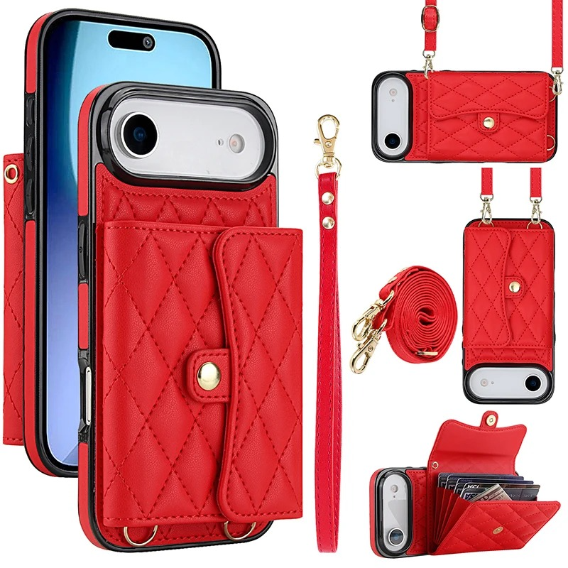 Luxury iPhone Case — Crossbody Leather Wallet Cover with Wrist & Shoulder Strap, Card & Coin Storage, Non-Slip Shockproof Design