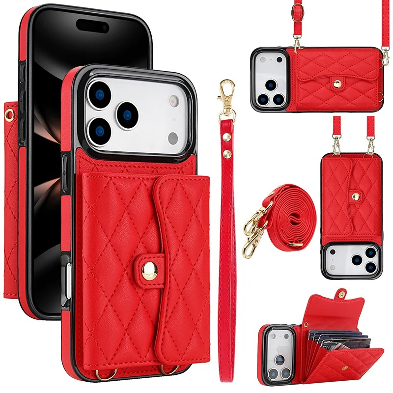 Luxury iPhone Case — Crossbody Leather Wallet Cover with Wrist & Shoulder Strap, Card & Coin Storage, Non-Slip Shockproof Design