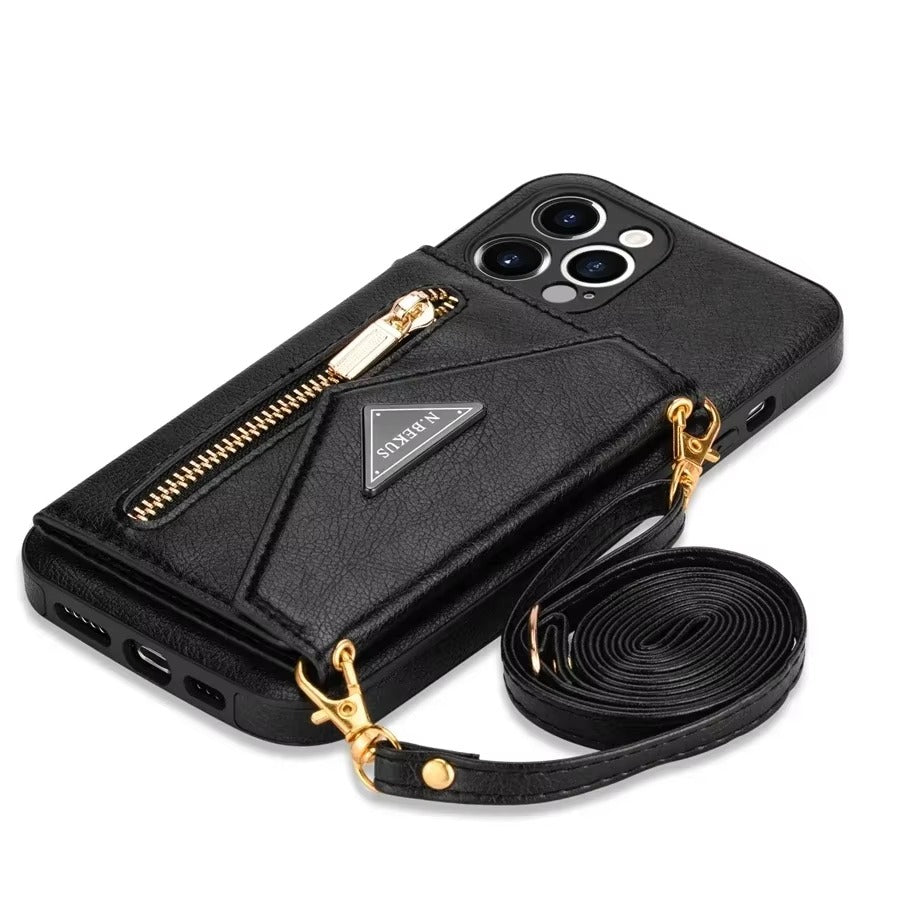 Luxury iPhone Case — Crossbody Wallet with Card Holder and Lanyard Strap, Shockproof Leather Cover, Anti-Fingerprint Full Access Design