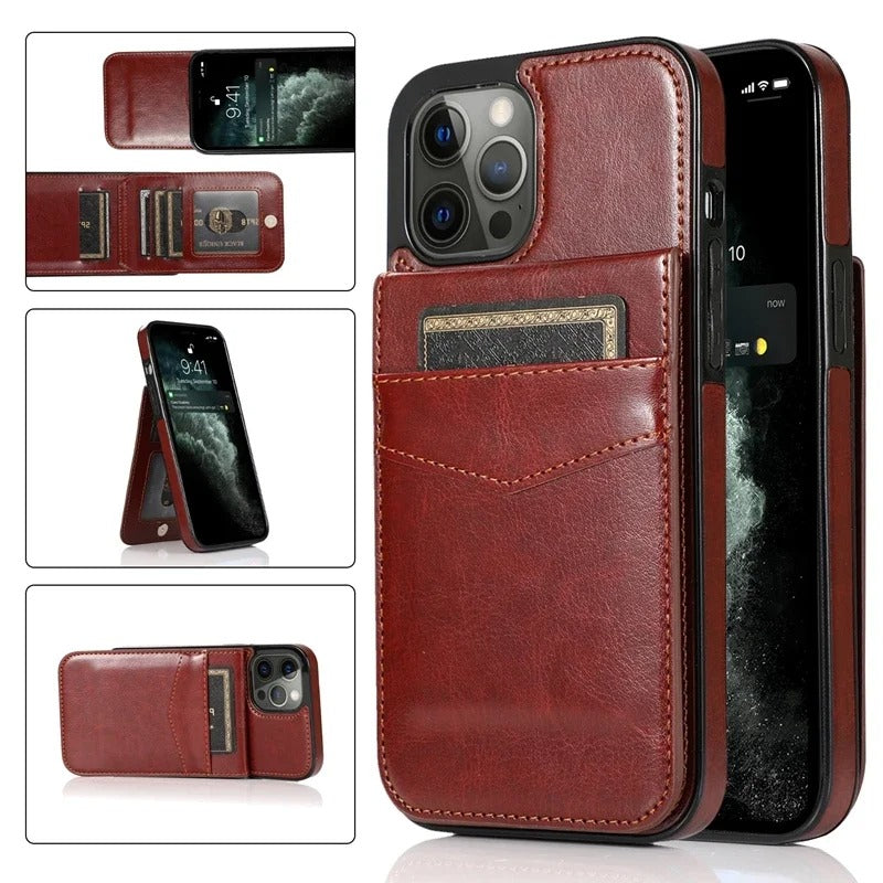 Luxury iPhone Case — Flip Stand Wallet with Card Holder, Retro Leather Cover, Shockproof Anti-Fingerprint Protection, Full Access Design
