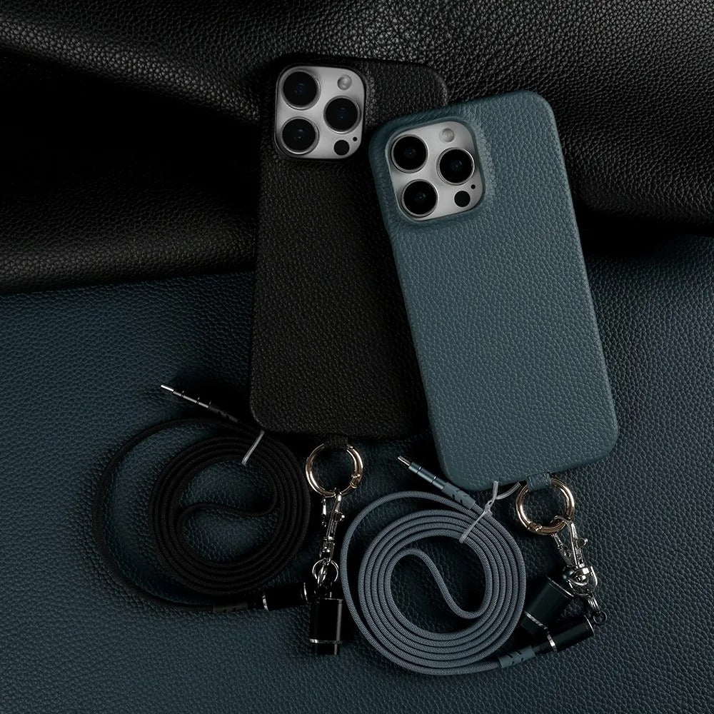 Luxury iPhone Case — Genuine Leather MagSafe Cover with Lanyard USB Charging Strap, Full-Protection Design and Premium Anti-Fingerprint Finish