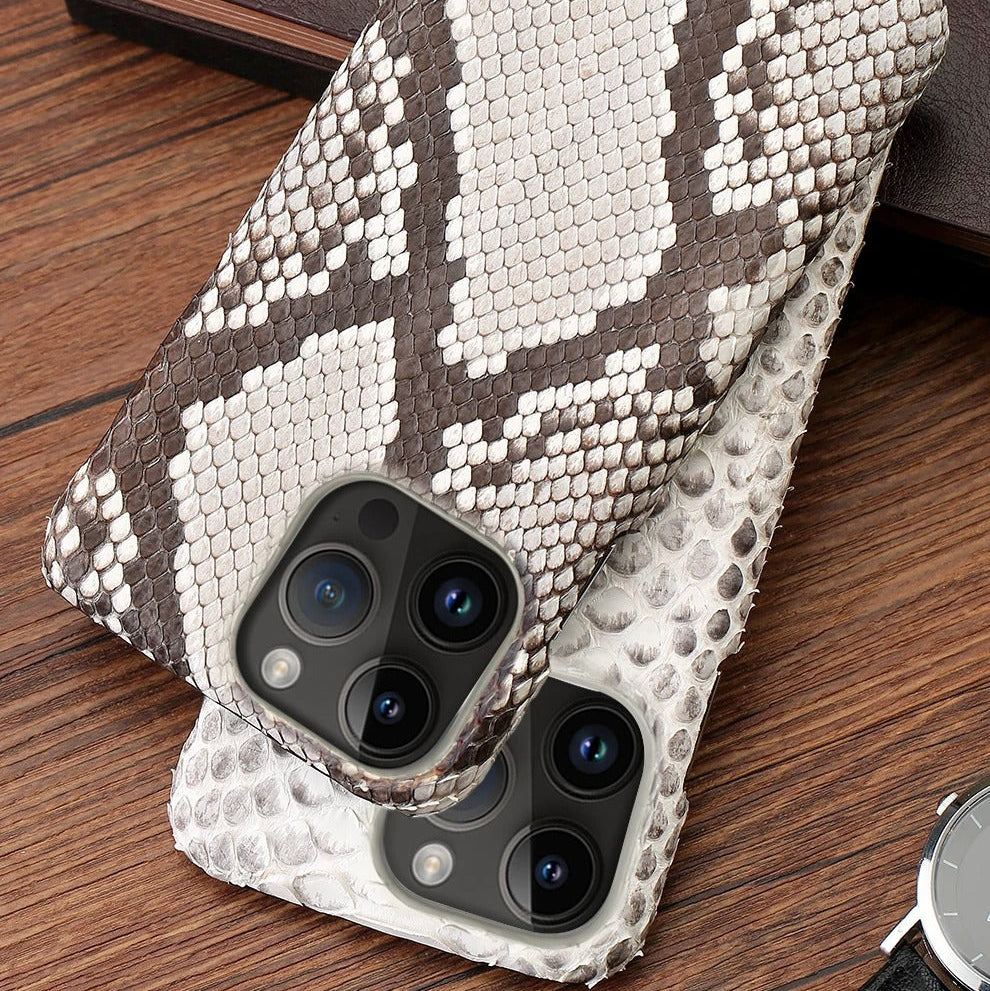 Luxury iPhone Case — Genuine Python Leather Back Cover with Anti-Fingerprint Anti-Scratch Protection, Lightweight Non-Slip PC Hybrid Design