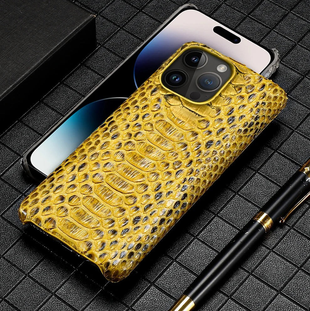 Luxury iPhone Case — Genuine Python Leather Back Cover with Anti-Fingerprint Anti-Scratch Protection, Lightweight Non-Slip PC Hybrid Design