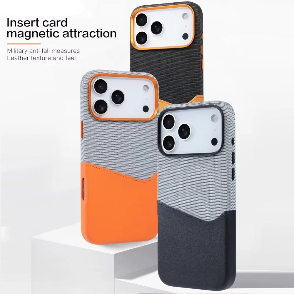 Luxury iPhone Case — Leather & Fabric Splicing Magnetic Cover with Card Slot, Camera-Safe Design and Slim Shockproof Protection