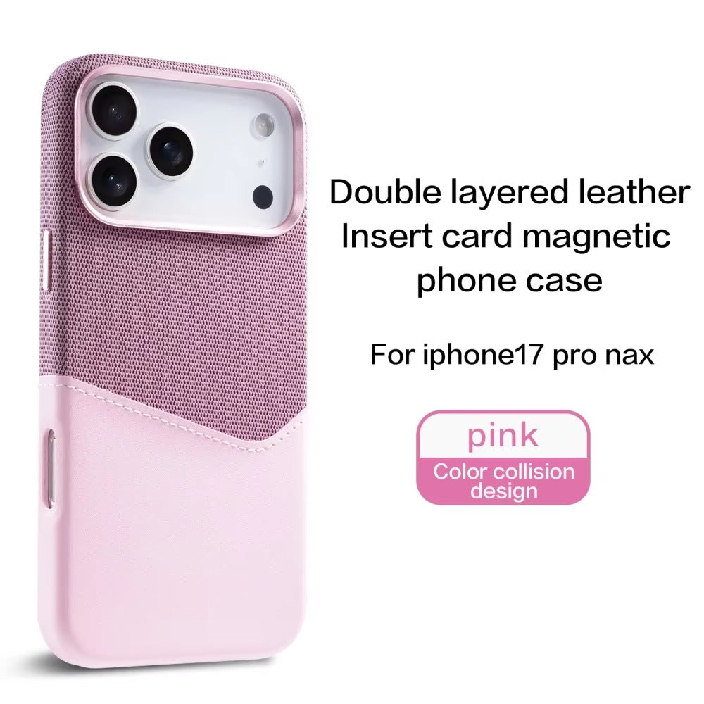 Luxury iPhone Case — Leather & Fabric Splicing Magnetic Cover with Card Slot, Camera-Safe Design and Slim Shockproof Protection
