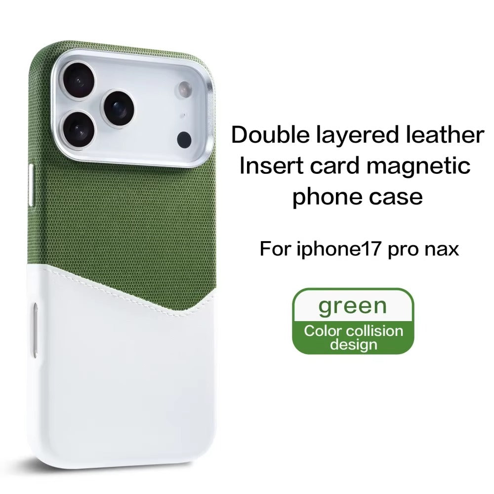 Luxury iPhone Case — Leather & Fabric Splicing Magnetic Cover with Card Slot, Camera-Safe Design and Slim Shockproof Protection
