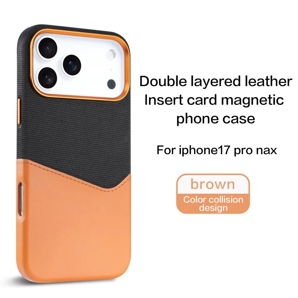 Luxury iPhone Case — Leather & Fabric Splicing Magnetic Cover with Card Slot, Camera-Safe Design and Slim Shockproof Protection