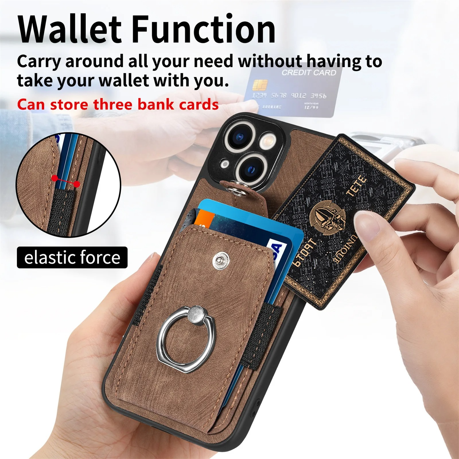 Luxury iPhone Case — Magnetic Leather Wallet Cover with Ring Holder, Card Slot, Kickstand Function and Anti-Scratch Non-Slip TPU + PU Design