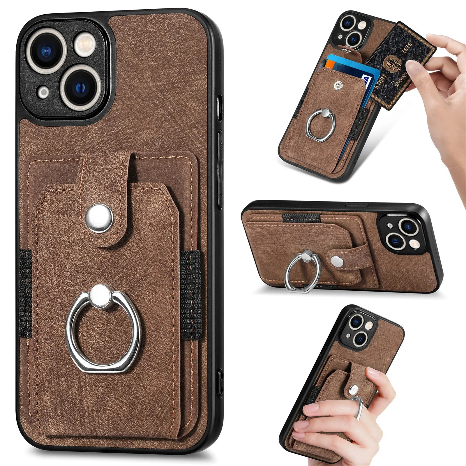 Luxury iPhone Case — Magnetic Leather Wallet Cover with Ring Holder, Card Slot, Kickstand Function and Anti-Scratch Non-Slip TPU + PU Design
