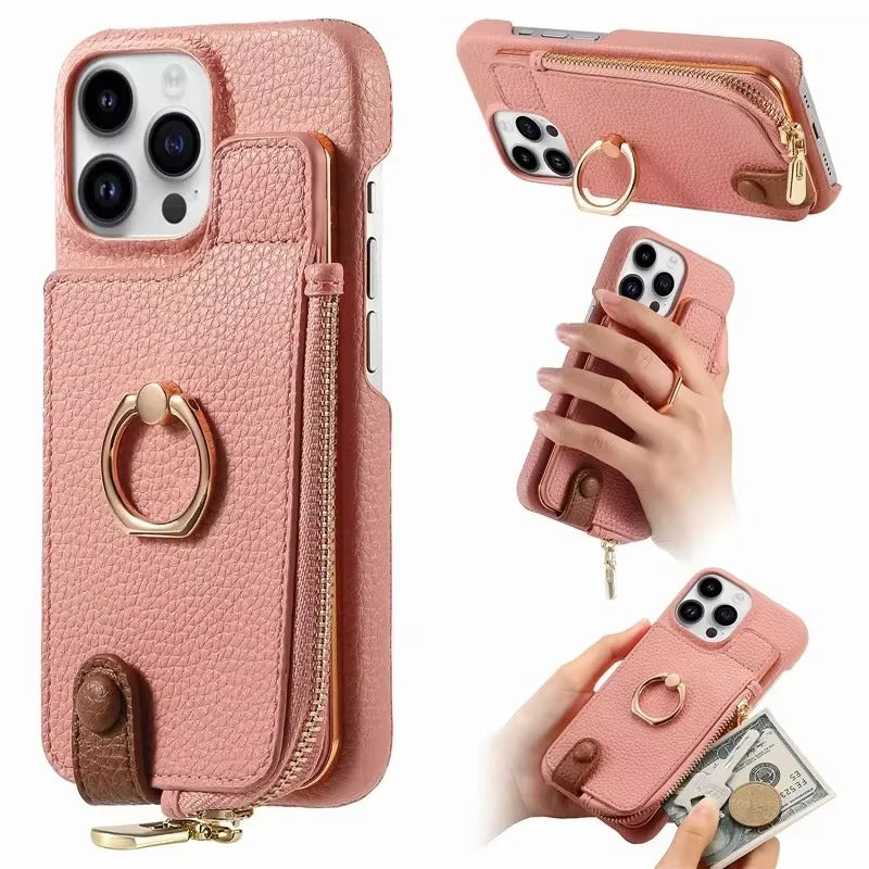 Luxury iPhone Case — PU Leather Zipper Wallet Cover with Card Holder, Ring Kickstand, Lanyard Strap and Magnetic Anti-Fingerprint Protection