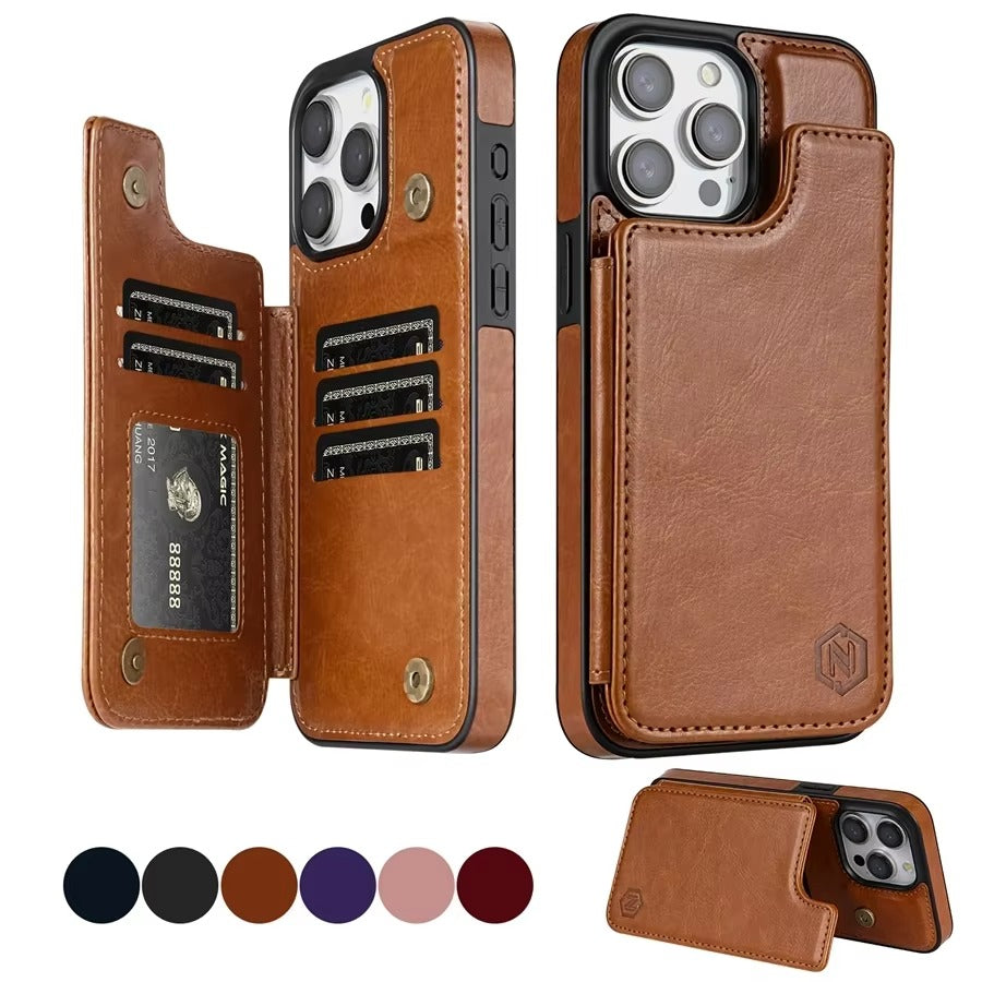 Luxury iPhone Case — RFID-Blocking Magnetic Flip Wallet Cover with Artificial Leather, Shockproof Dual-Layer Protection, Card Slots & Non-Slip Design