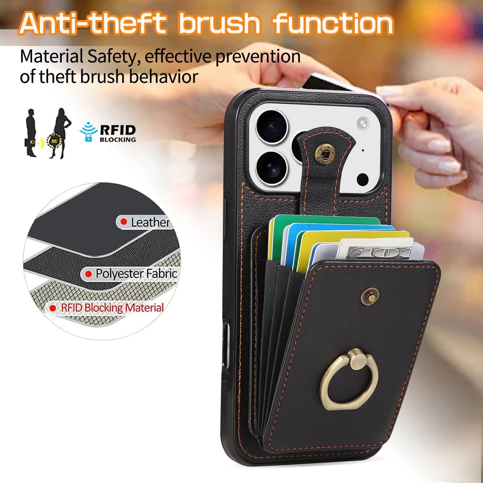 Luxury iPhone Case — Wallet Cover with Card Holder, 360° Rotating Finger Ring Kickstand, RFID-Blocking PU Leather Full-Protection Design for iPhone 17 Pro Max and Air