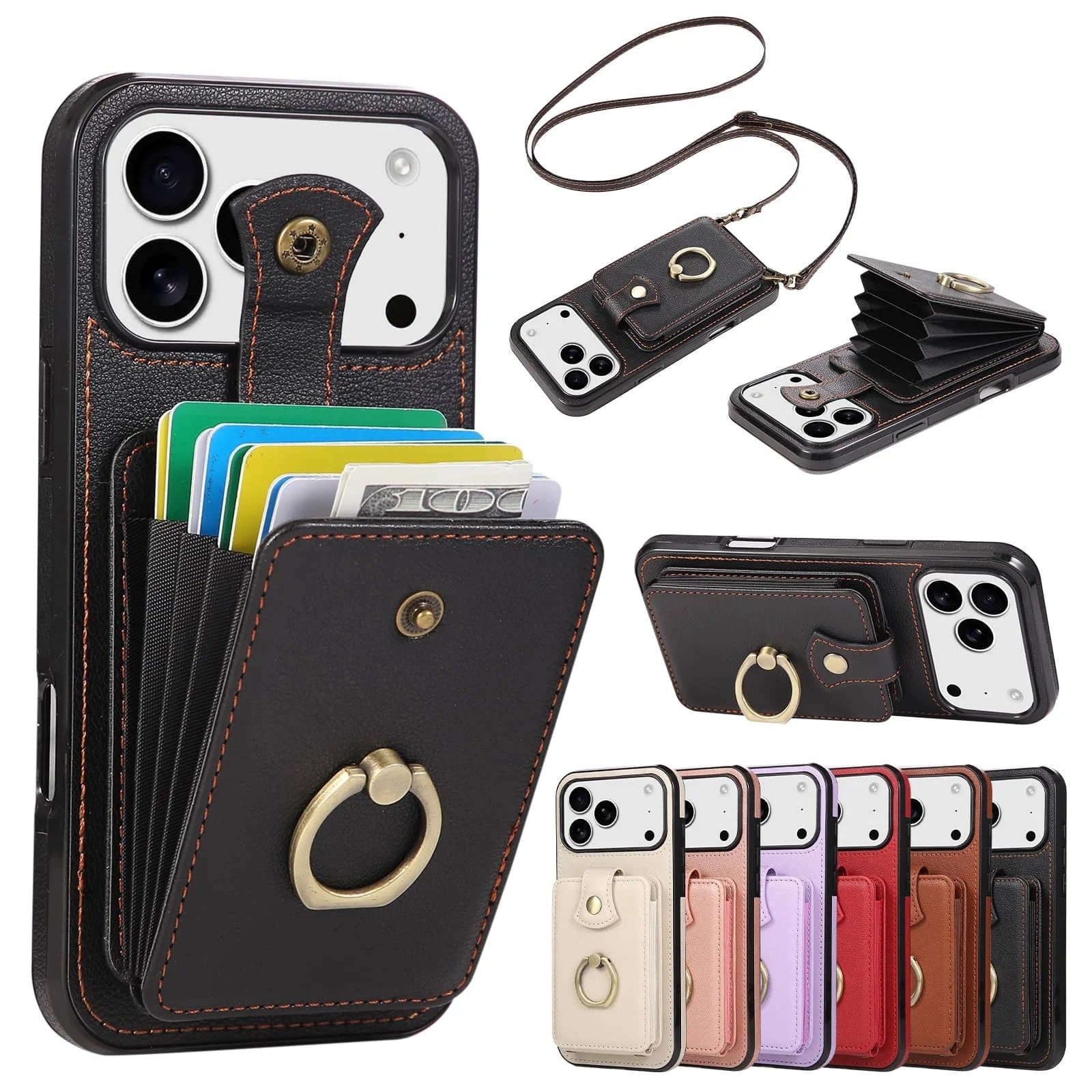 Luxury iPhone Case — Wallet Cover with Card Holder, 360° Rotating Finger Ring Kickstand, RFID-Blocking PU Leather Full-Protection Design for iPhone 17 Pro Max and Air