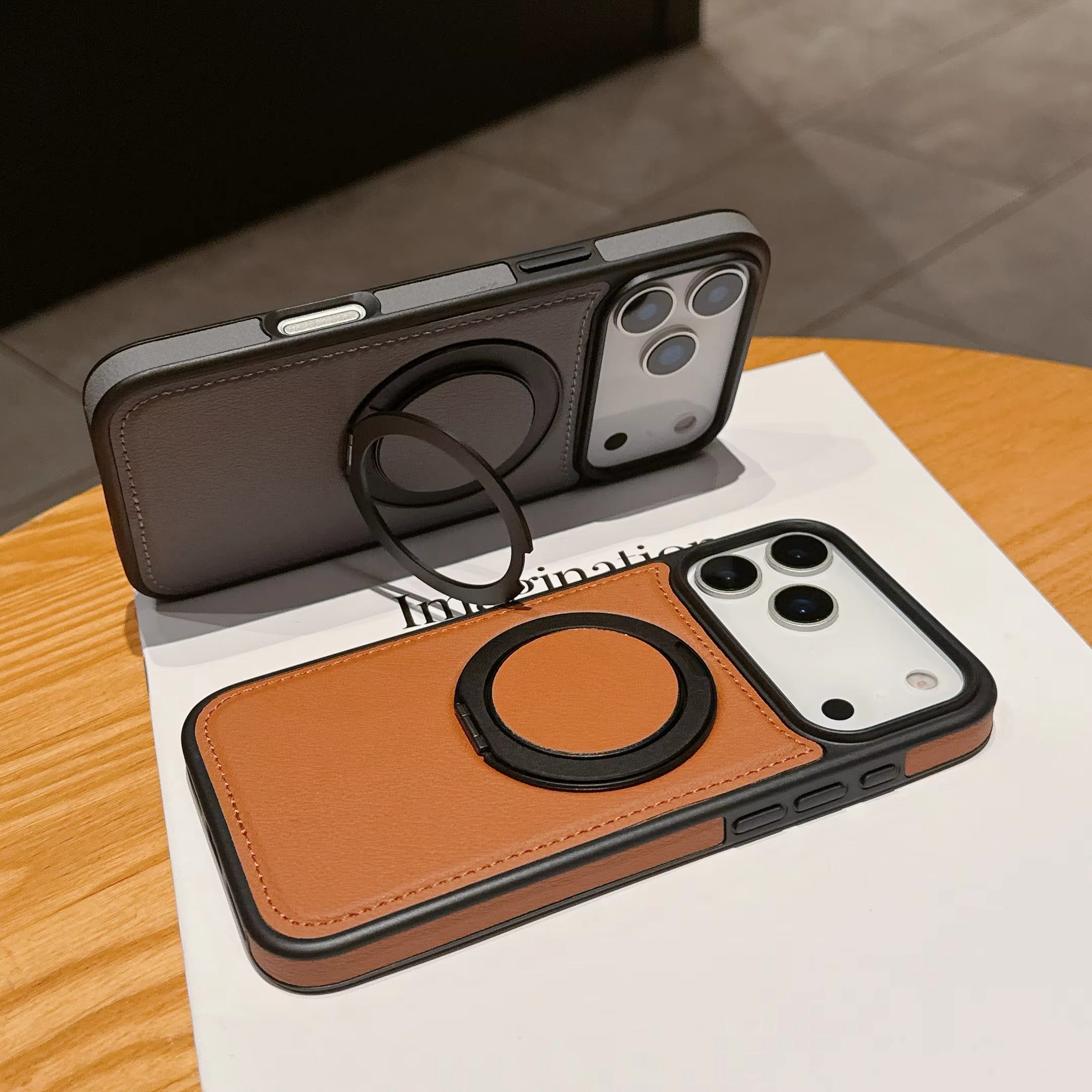 Luxury iPhone Case — Wax PU Leather Magnetic Cover with 360° Rotating Ring Stand, Wireless-Charging Safe Design and Business Shockproof Protection