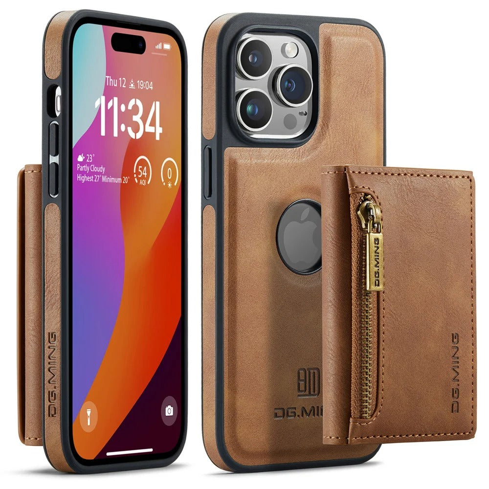 Luxury iPhone DG.Ming Magnetic Flip Leather Wallet Case — Zipper Card Holder Back Cover, Dual Layer Shockproof Design, Wireless Charging Compatible