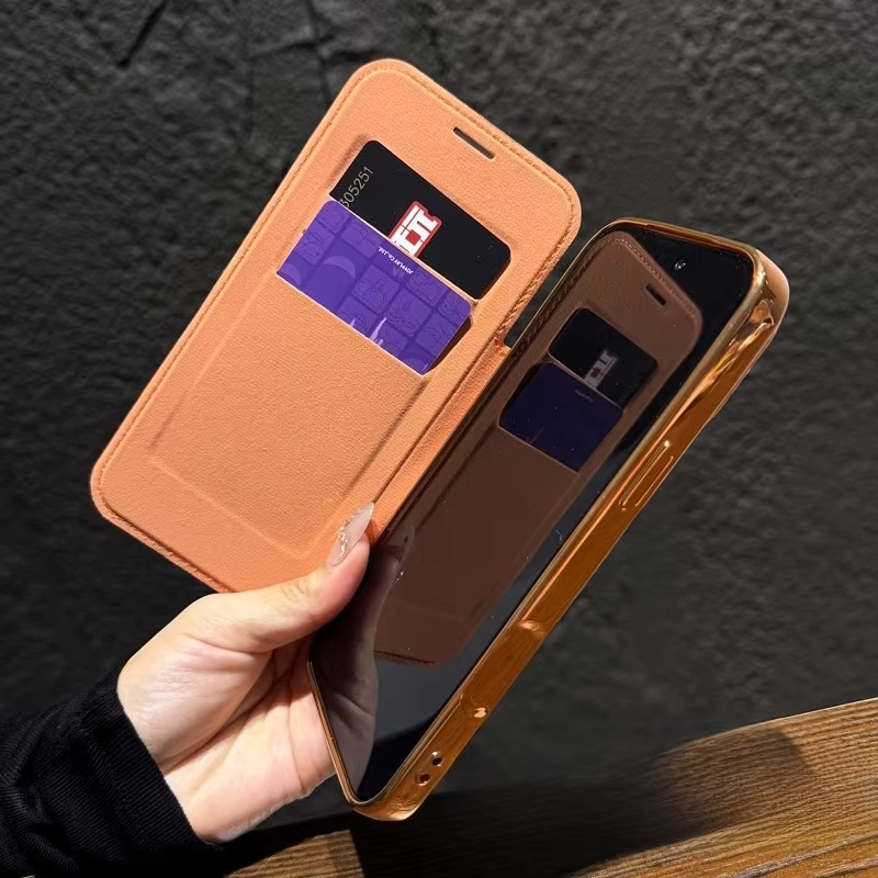 Luxury iPhone Magnetic Flip Case — PU Leather Plating Clear Cover with Card Holder, MagSafe Stand Support, Shockproof Anti-Fingerprint Full Coverage Design