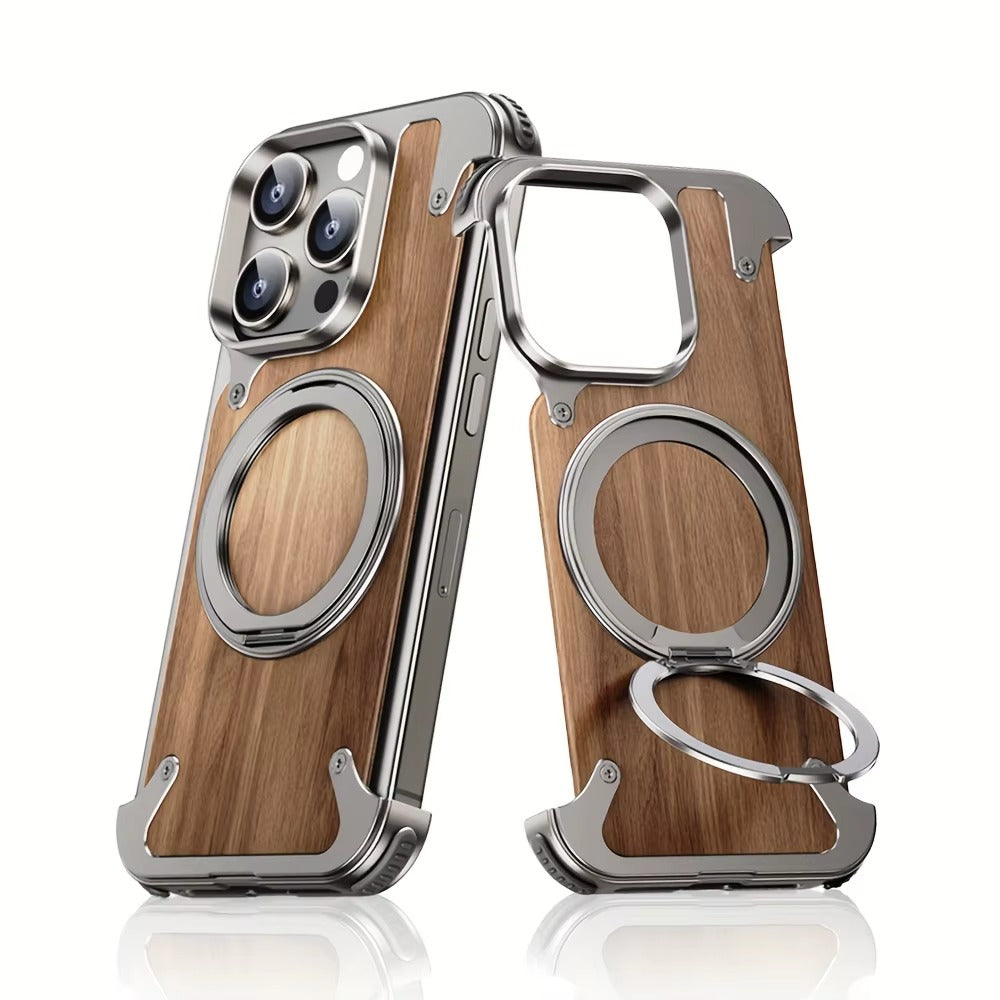 Luxury iPhone Solid Wood MagSafe Case — 360° Rotatable Stand Ring, Aluminum Alloy Bumper, Slim Shockproof Non-Slip Protective Cover