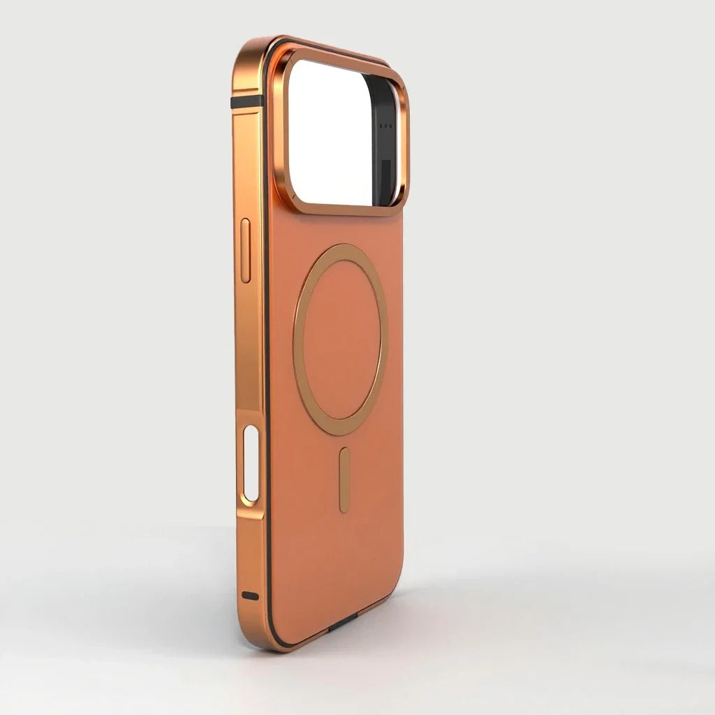 Premium iPhone Case — Orange Aluminum Alloy MagSafe Compatible Hard Shockproof Matte Cover with Magnetic Glass Protection, Anti-Scratch, Lightweight Design