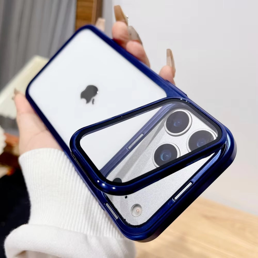 Premium iPhone Case — Plating Transparent Ultra-Thin PC Cover with Fold-Glass Camera Bracket, Full Lens Protection and Shockproof Anti-Fingerprint Design