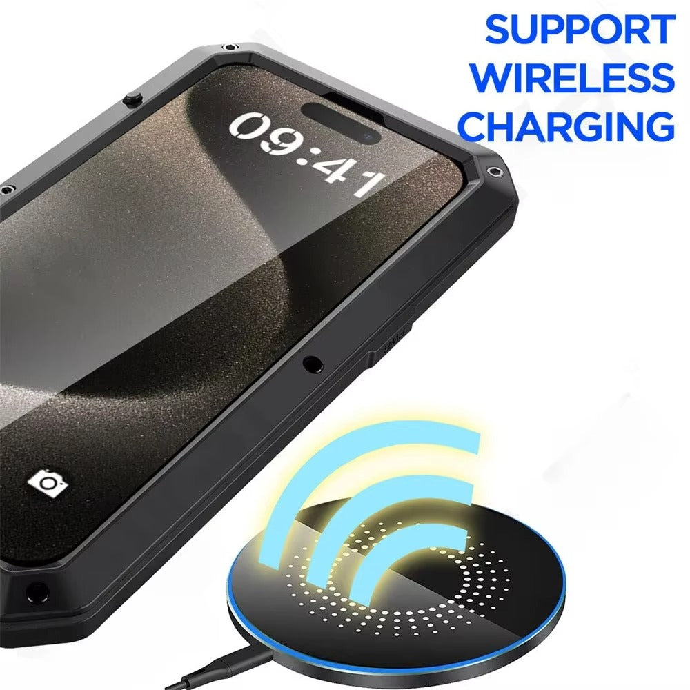 Rugged iPhone Case — Heavy-Duty Aluminum Alloy Armor Cover with Dual-Layer Metal + TPU Protection, Shockproof Screen Guard, IP54 Dustproof Anti-Fingerprint Design