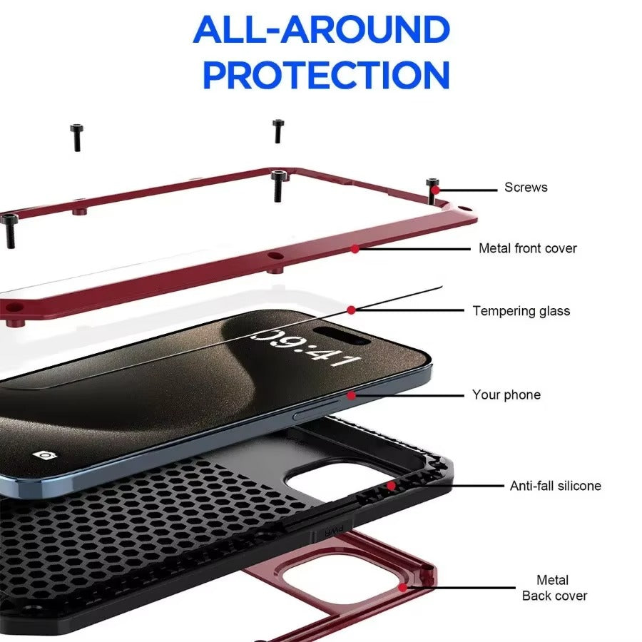 Rugged iPhone Case — Heavy-Duty Aluminum Alloy Armor Cover with Dual-Layer Metal + TPU Protection, Shockproof Screen Guard, IP54 Dustproof Anti-Fingerprint Design