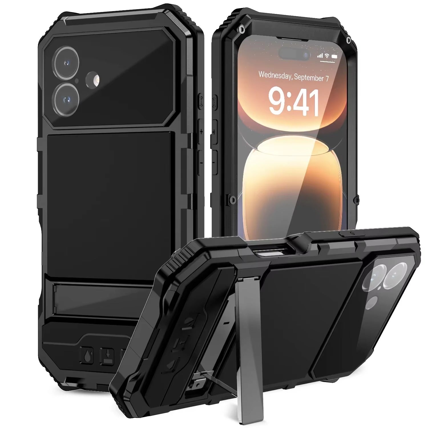 Rugged iPhone Case — Heavy-Duty Aluminum Armor Cover with Built-In Glass Screen Protector, Kickstand, Shockproof Dual-Layer Design and Dustproof Anti-Fingerprint Finish